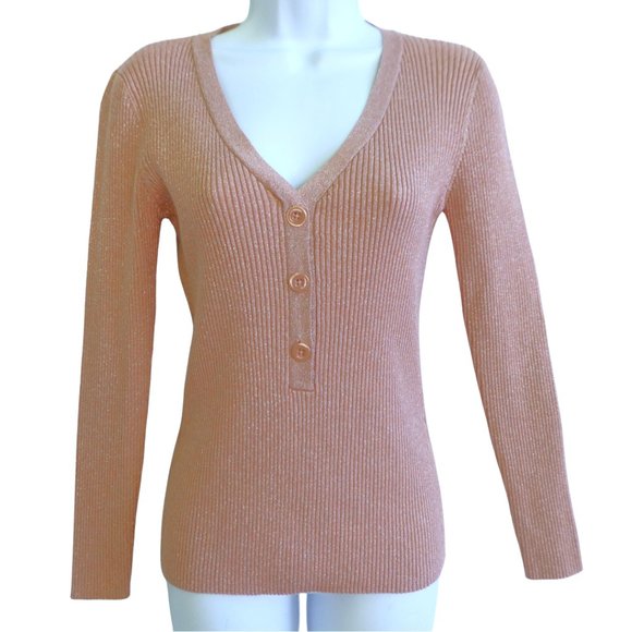 White House Black Market Metallic Ribbed Henley Sweater Pink V Neck Long Sleeve - Picture 1 of 7